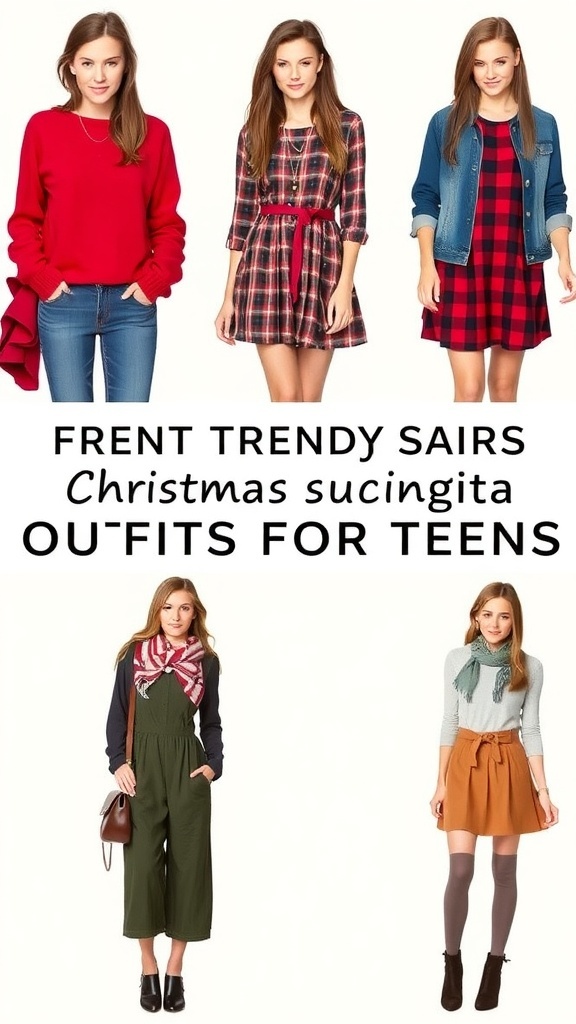 Collage of stylish Christmas outfits for teens including sweaters, dresses, and accessories.
